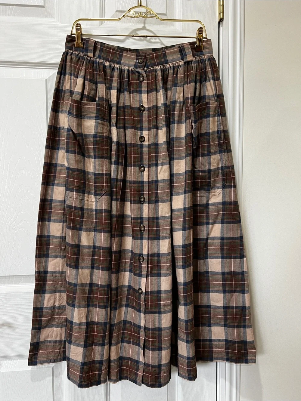 Laura Ashley vintage Plaid Maxi Skirt Pleated Size 12 Front Button Closure Brown - Picture 10 of 12